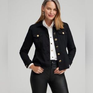 Chico's Black Denim Jean Jacket with Artsy Gold Buttons Size Large 2